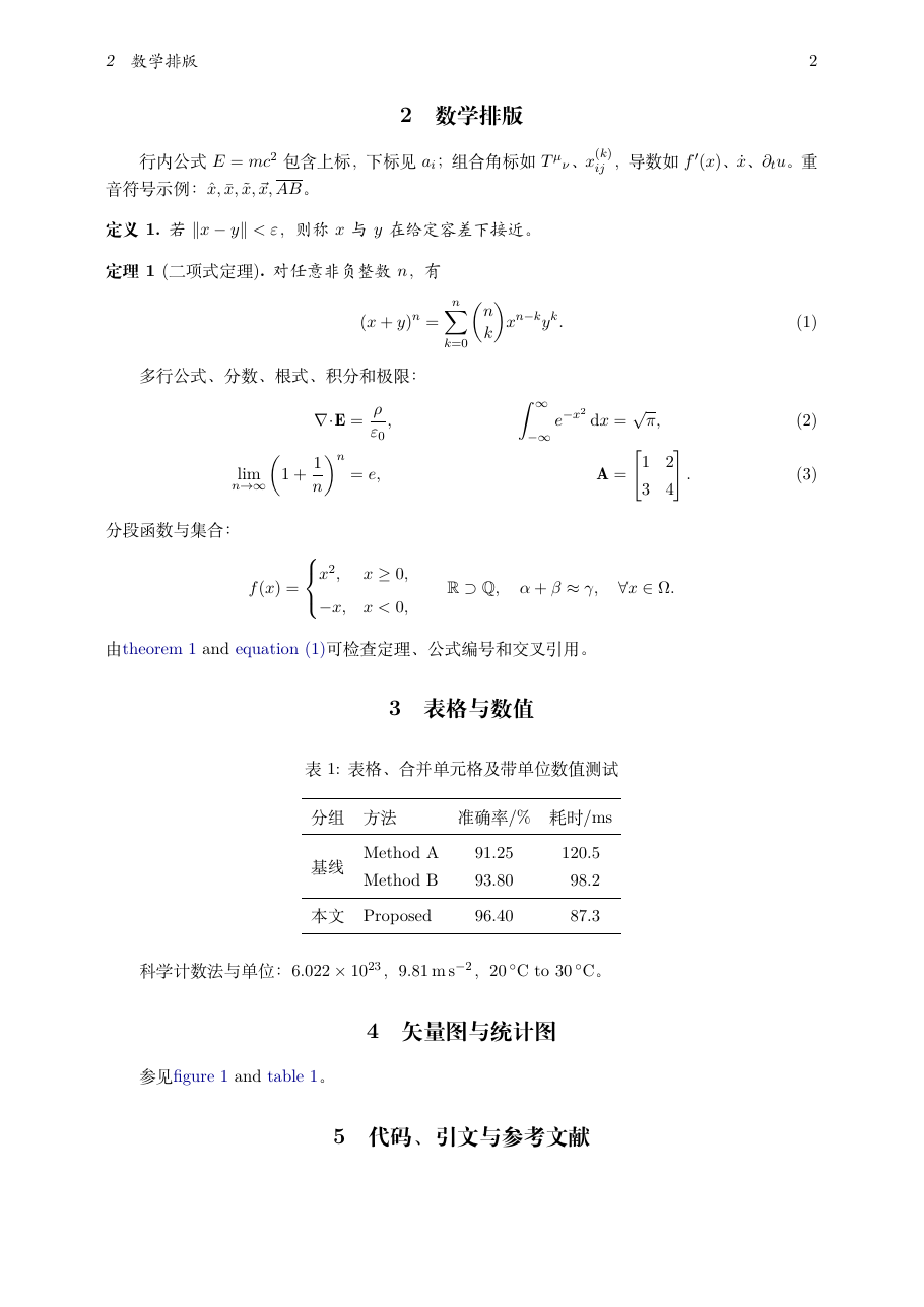 LaTeX sample page 2: equations, theorems, tables, and units